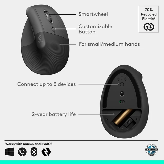 Alt view image 5 of 5 - Logitech Lift Vertical Ergonomic Wireless Mouse - Graphite