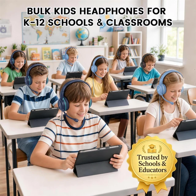 Alt view image 5 of 5 - SIMOLIO KD-1 Color-Coded Classroom Headphones 6 Pack for Schools & Students