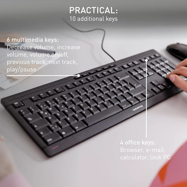 Alt view image 3 of 5 - Cherry Stream Keyboard, Wired Keyboard for PC/Laptop, Whisper Quiet Keys, Unique Typing Feel, Slim Design, SX Scissor Switches, USB-A, QWERTY, White