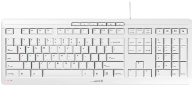 Main image of Cherry Stream Keyboard, Wired Keyboard for PC/Laptop, Whisper Quiet Keys, Unique Typing Feel, Slim Design, SX Scissor Switches, USB-A, QWERTY, White