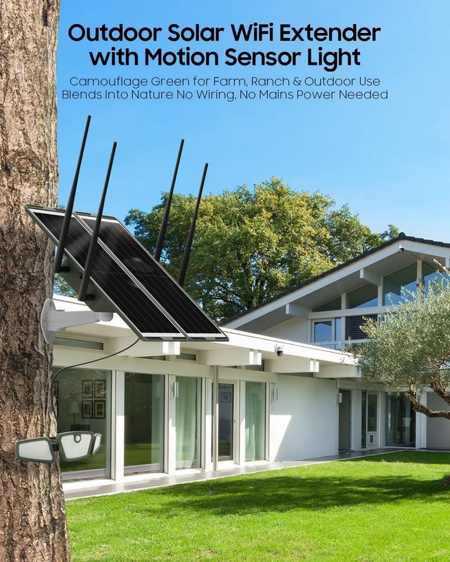 Alt view image 2 of 5 - Solar WiFi Extender with Motion Sensor Light, 1200Mbps Outdoor WiFi Repeater, 30W Solar Powered, 30000mAh Battery, 4 High-Gain Antennas, Expands Long-Range Wireless Coverage for Farm, Garden &