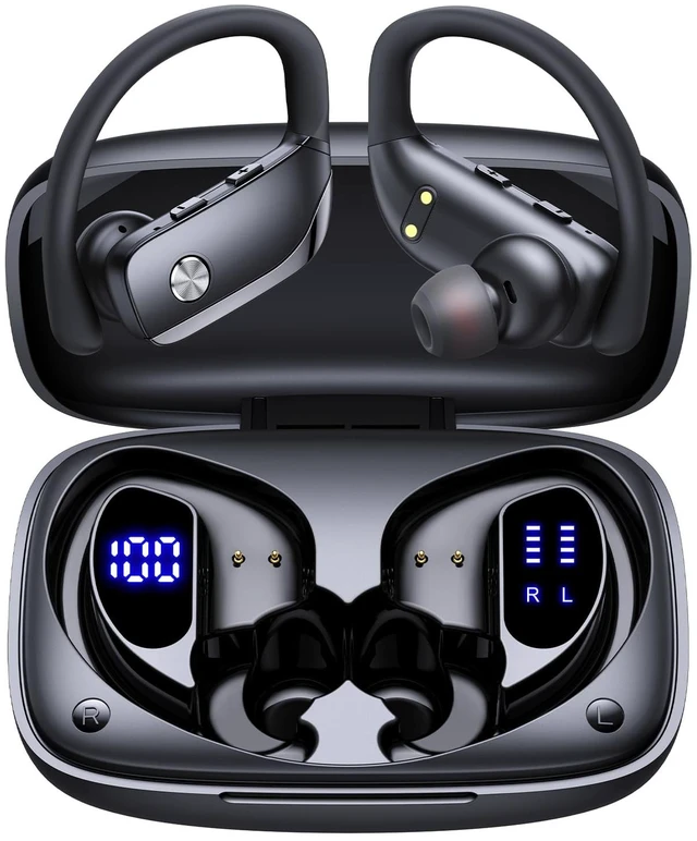 Main image of bmani Ear Buds Wireless Earbuds Bluetooth Headphones with 80H Playtime LED Display Case, Over-Ear Hook with Mic, Stereo Sound, Easy Button Controls, Sports Earphones for Running Workout Gym Bla