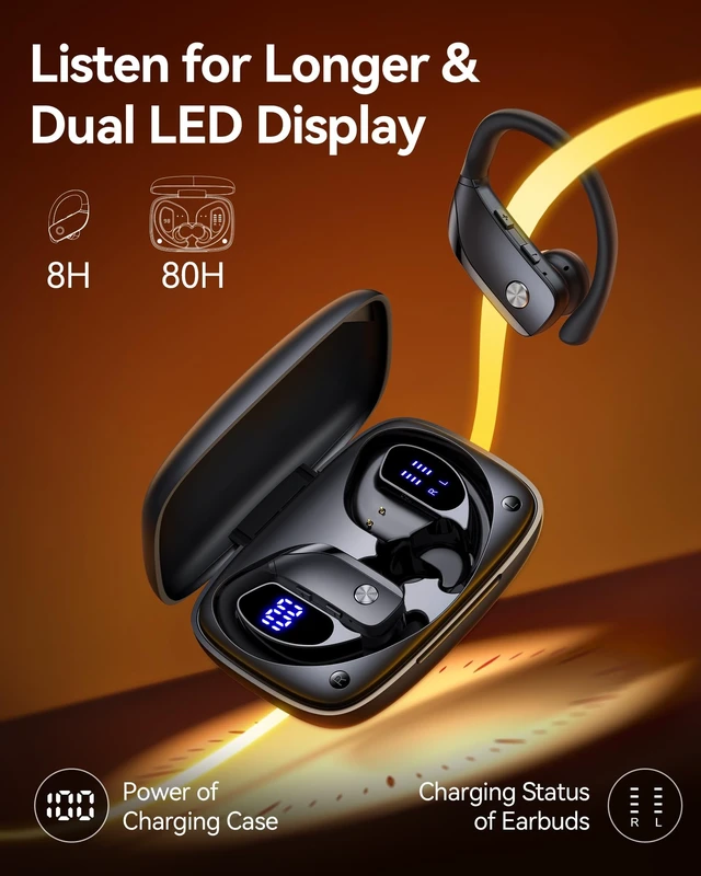 Alt view image 5 of 5 - bmani Ear Buds Wireless Earbuds Bluetooth Headphones with 80H Playtime LED Display Case, Over-Ear Hook with Mic, Stereo Sound, Easy Button Controls, Sports Earphones for Running Workout Gym Bla