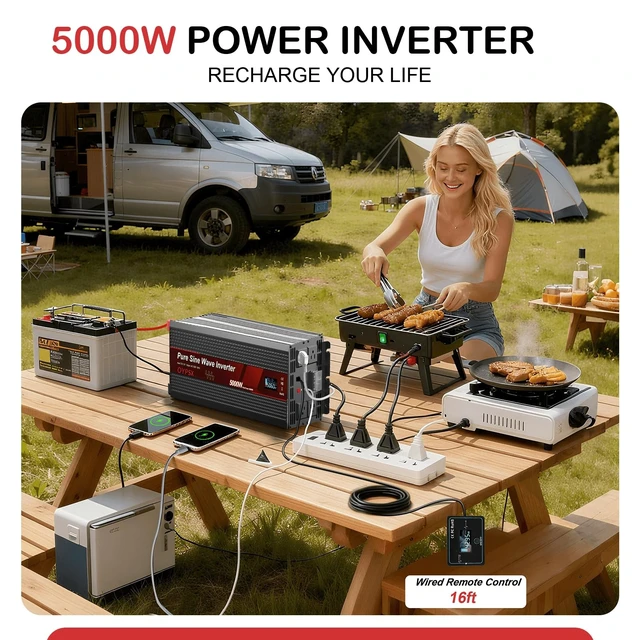 Alt view image 3 of 5 - OYPSX 5000W Power Inverter 24V to 110V 120V AC Pure Sine Wave Inverter for RVs Truck Camping,Outdoor Off-Grid Power Converter with LCD Display,Wired Controller,AC Outlets USB Ports(24V-5000Watts)