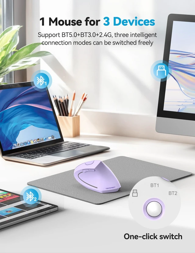 Alt view image 2 of 5 - TECKNET Ergonomic Mouse Wireless, Rechargeable Vertical Mice Right Hand