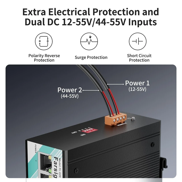 Alt view image 4 of 5 - 8 Port Industrial Gigabit Unmanaged Switch IP40 DIN Rail, 2 Gigabit Uplink Ports, 16Gbps Bandwidth, -40~176F Extreme Wide Temperature, Broadcast Storm Protection On/Off Function