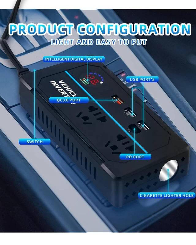 Alt view image 3 of 5 - 200W Power Inverter, 7-in-1 DC 12V to 110V AC Car Plug Adapter Outlets Converter with 30W PD3.0 & 4 USB Ports,Dual AC Outlet and 10A Cigarette Lighter Splitter, Car Charger for Laptop Vehicles Camping