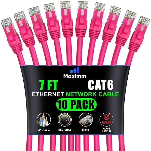 Main image of Maximm Cat6 Ethernet Cable 7 Ft, 10 Gbps 550 MHz, Pink, 10 Pack