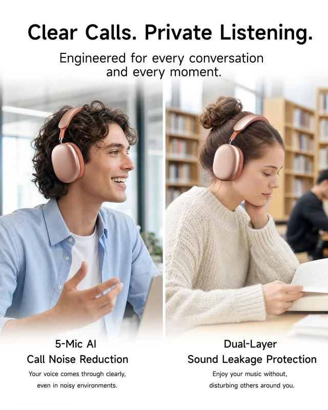 Alt view image 5 of 5 - Picun F8 MAX2 ANC Bluetooth 6.0 Headphones with 3D Spatial Audio (Pink)