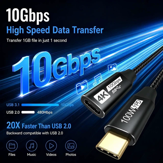 Alt view image 2 of 5 - URELEGAN USB C Extension Cable 6FT 5-Pack (100W/10Gbps/4K@60Hz)