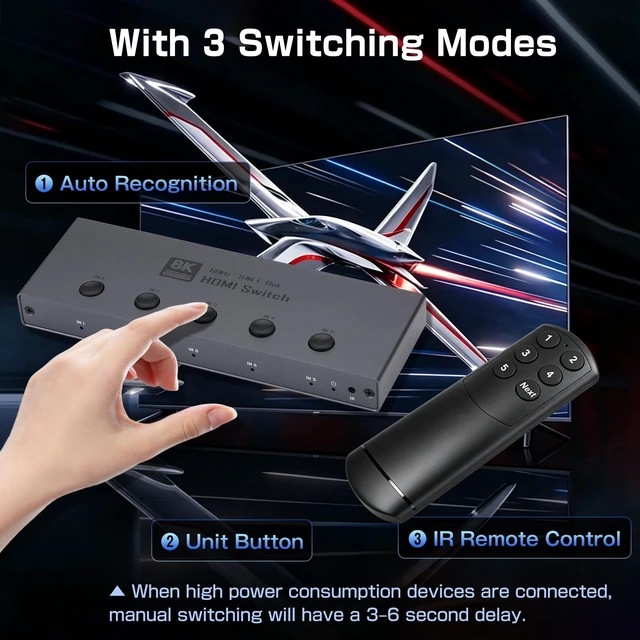 Alt view image 3 of 5 - 8K HDMI Switch 5 in 1 Out, HDMI 2.1 Switcher 5 in 1 Out with IR Remote