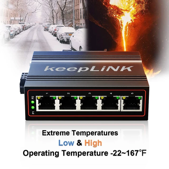 Alt view image 2 of 5 - keepLiNK 5-Port Industrial Ethernet Switch, Unmanaged 10/100Mbps DIN-Rail Network Switch, IP40, Operating Temperature Range of -30C 75C (-22F 167F)