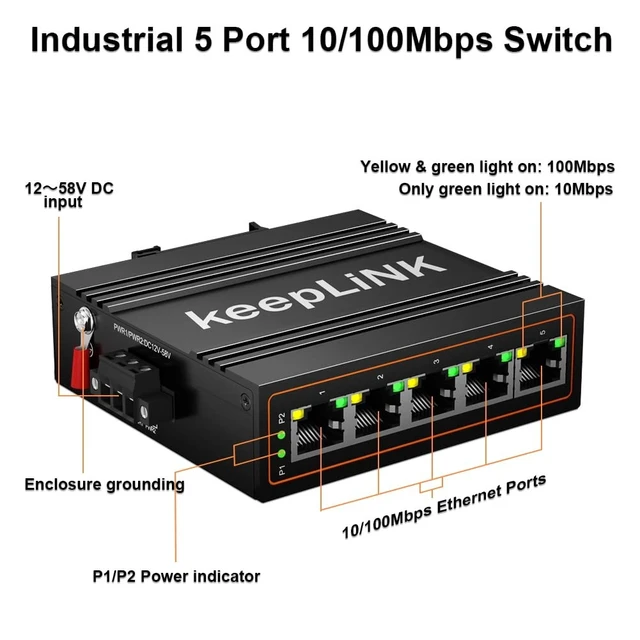 Alt view image 3 of 5 - keepLiNK 5-Port Industrial Ethernet Switch, Unmanaged 10/100Mbps DIN-Rail Network Switch, IP40, Operating Temperature Range of -30C 75C (-22F 167F)