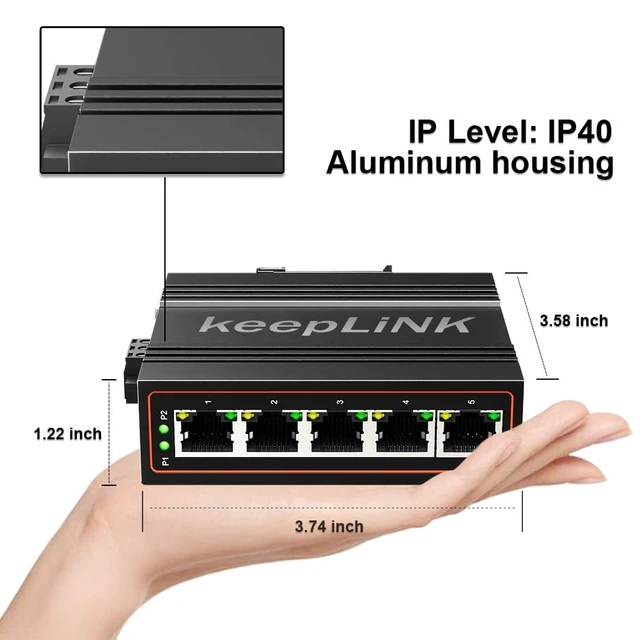 Alt view image 4 of 5 - keepLiNK 5-Port Industrial Ethernet Switch, Unmanaged 10/100Mbps DIN-Rail Network Switch, IP40, Operating Temperature Range of -30C 75C (-22F 167F)