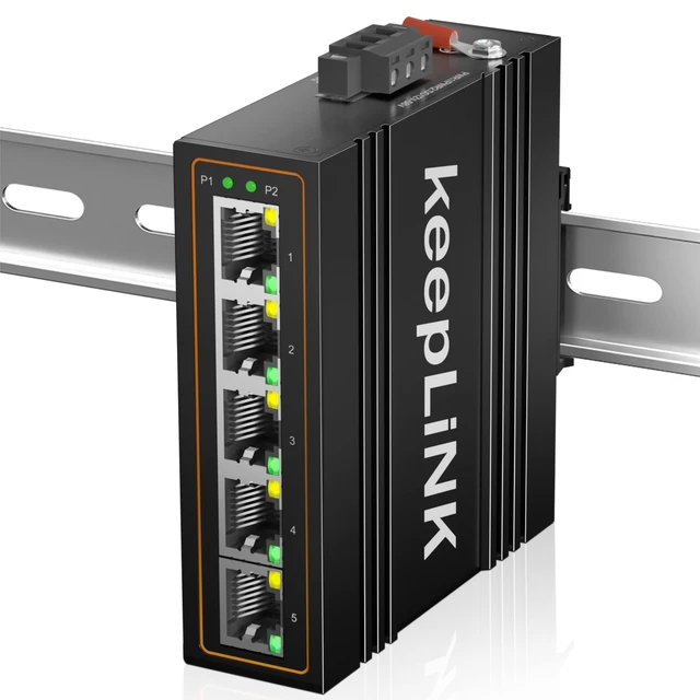 Main image of keepLiNK 5-Port Industrial Ethernet Switch, Unmanaged 10/100Mbps DIN-Rail Network Switch, IP40, Operating Temperature Range of -30C 75C (-22F 167F)