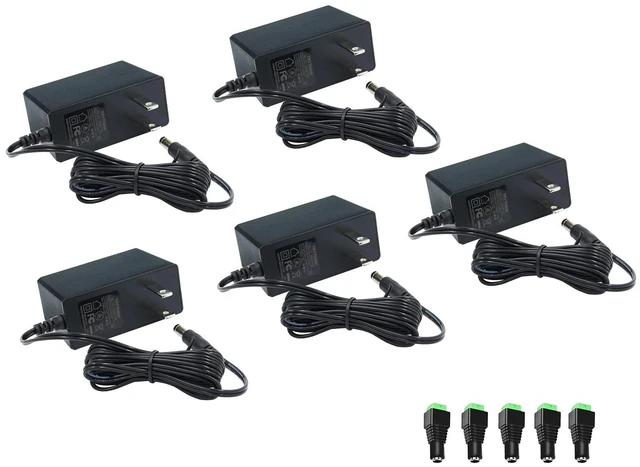 Main image of 12V Power Supply, 12V 2A 24W Power Supply AC100-240V to DC 12 Volt Adapter with 5.5mm x 2.1mm Tip and LED Terminal Connector for LED Strip Lights, CCTV Cameras, Routers and More, 5 Pack