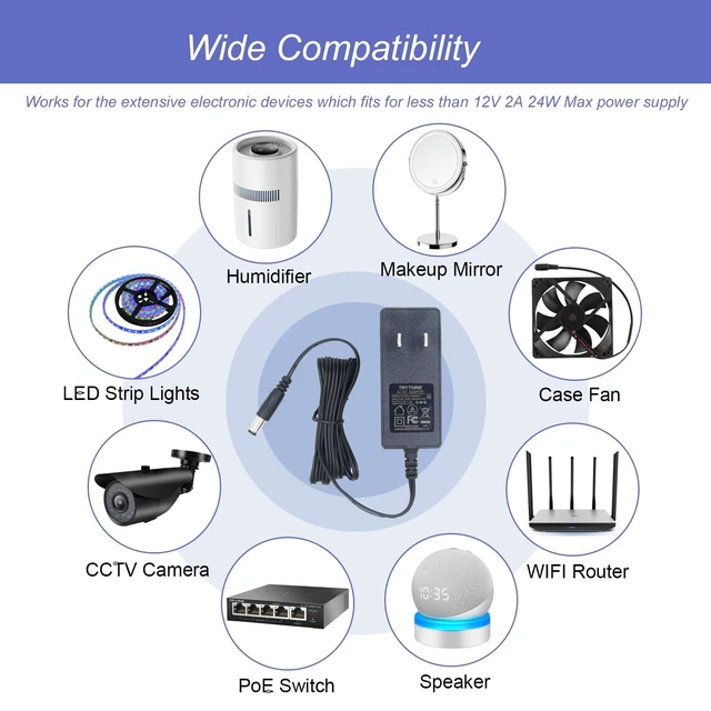 Alt view image 3 of 5 - 12V Power Supply, 12V 2A 24W Power Supply AC100-240V to DC 12 Volt Adapter with 5.5mm x 2.1mm Tip and LED Terminal Connector for LED Strip Lights, CCTV Cameras, Routers and More, 5 Pack