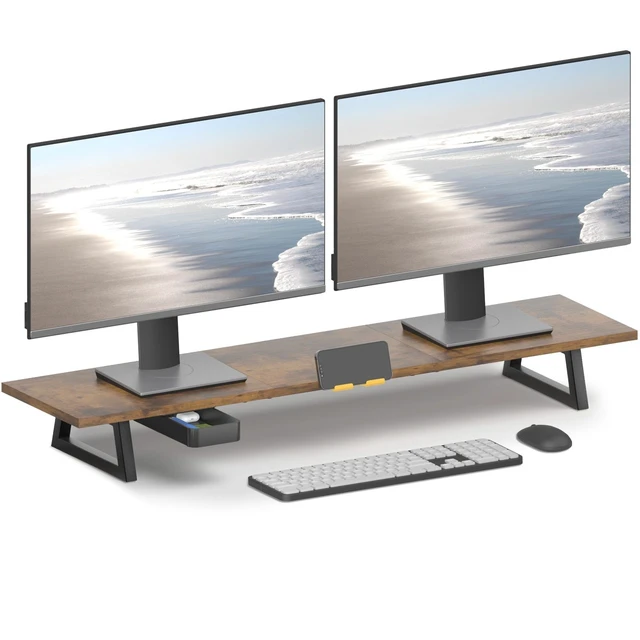 Main image of TEAMIX 39.4 inch Dual Monitor Stand Riser with Drawer & Phone Holder, Brown