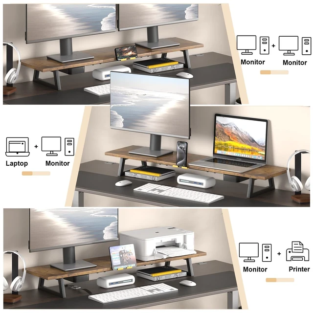 Alt view image 4 of 5 - TEAMIX 39.4 inch Dual Monitor Stand Riser with Drawer & Phone Holder, Brown
