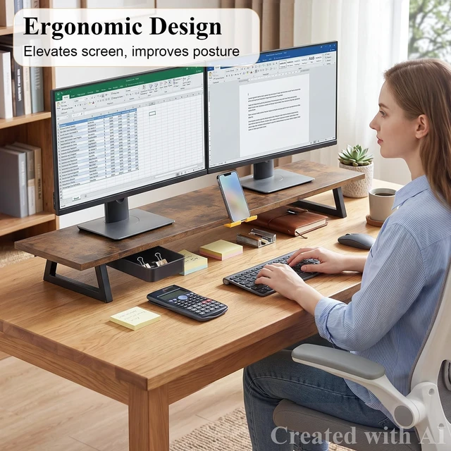 Alt view image 2 of 5 - TEAMIX 39.4 inch Dual Monitor Stand Riser with Drawer & Phone Holder, Brown