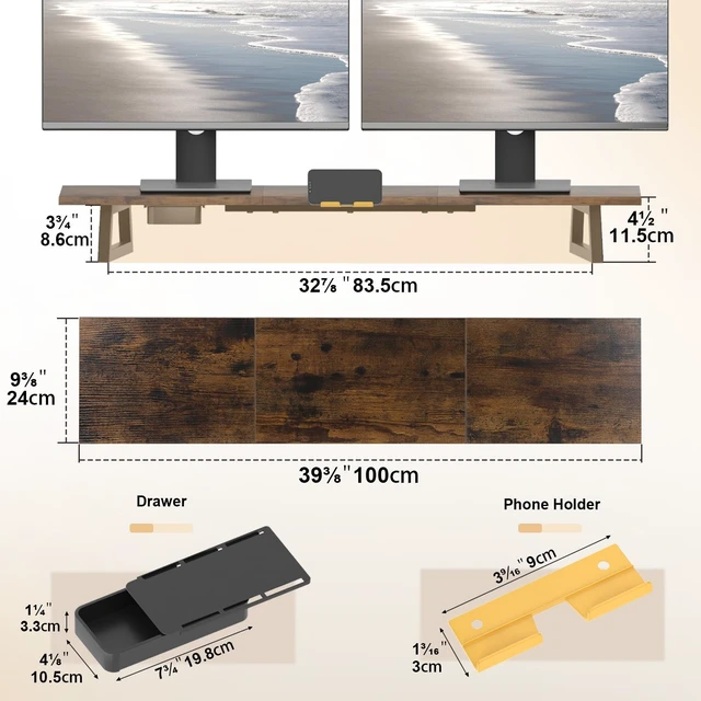 Alt view image 5 of 5 - TEAMIX 39.4 inch Dual Monitor Stand Riser with Drawer & Phone Holder, Brown