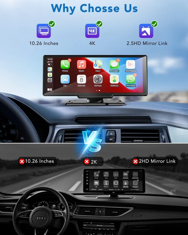 Alt view image 3 of 5 - 10.26" Portable Apple CarPlay Screen for Car, Wireless CarPlay & Android Auto Touch Screen, 4K Dash Cam, 1080P Backup Camera, Bluetooth 5.0, FM Transmitter, Mirror Link, Phone Navigation