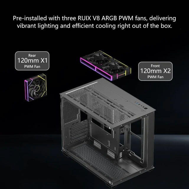 Alt view image 4 of 5 - RUIX OV503 M-ATX Panoramic PC Case, Compact Gaming Case with 360mm AIO Support, Supports 410mm GPU, Tempered Glass Mini Tower Computer Case, High-Airflow Design, USB 3.0, White