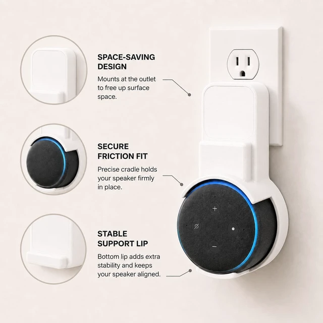 Alt view image 4 of 5 - SplashNColor Outlet Mount for Echo Dot 3rd Generation Space-Saving Wall Plug Holder ^^ Friction Fit Smart Speaker Socket Bracket for Home