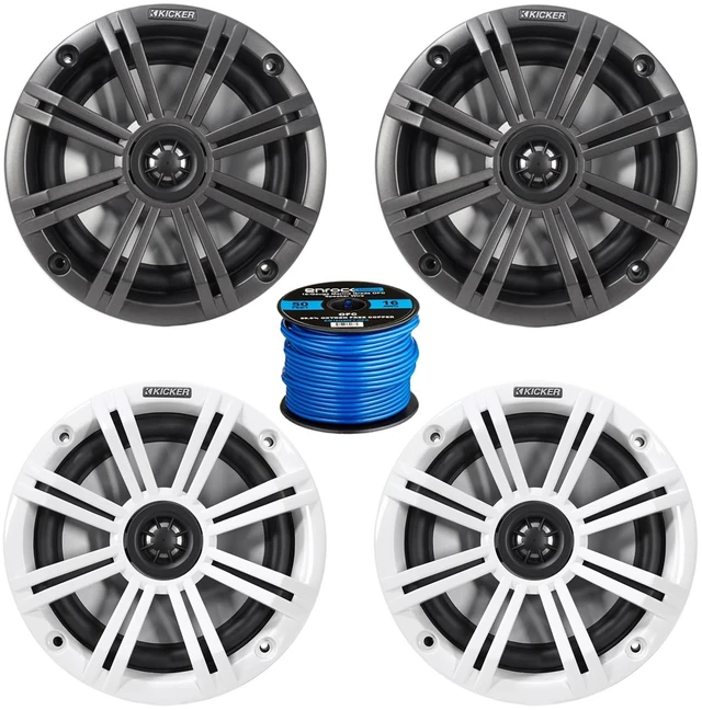 Main image of 2 Pair (Qty 4) of Kicker KM 6.5" 195 Watt Peak Power Marine Coaxial Boat Speakers with Charcoal and White Grilles, Speaker Wire