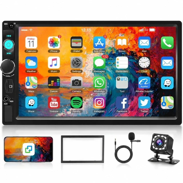 Main image of Driauto 7 inch Double Din Car Stereo with Bluetooth Mirror Link, 2 Din Touch Screen Car Radio Audio Receiver Steering Wheel Control AHD Reverse Camera FM EQ Type-C/USB/AUX Share Video Colorful Light