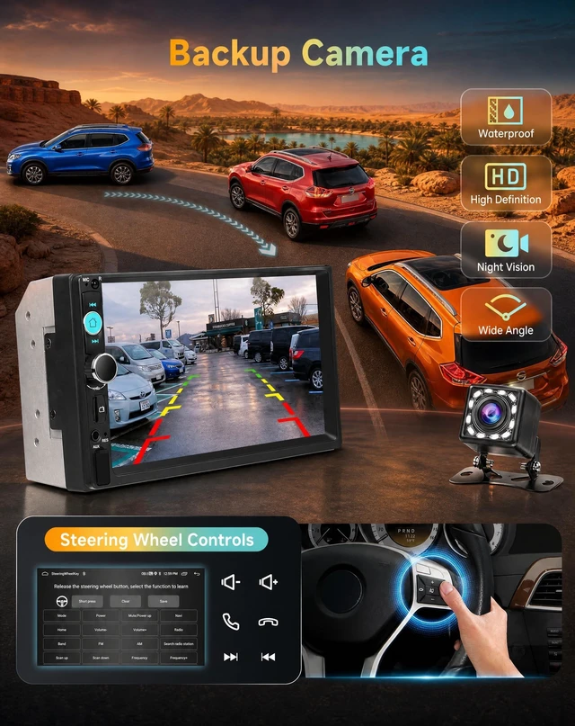 Alt view image 5 of 5 - Driauto 7 inch Double Din Car Stereo with Bluetooth Mirror Link, 2 Din Touch Screen Car Radio Audio Receiver Steering Wheel Control AHD Reverse Camera FM EQ Type-C/USB/AUX Share Video Colorful Light