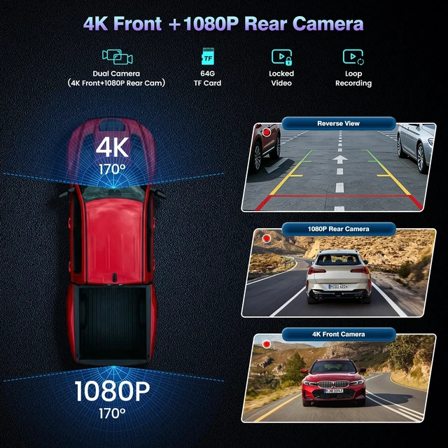 Alt view image 4 of 5 - Gikktdr 11.5" Wireless Carplay Screen, 4K Dash Cam + 1080P Backup Cam