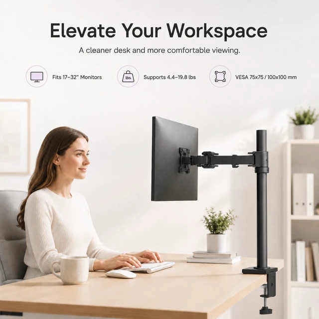 Alt view image 5 of 5 - Pivotix Single Monitor Desk Mount, Adjustable Pole, 17-27 Inch, VESA 75/100