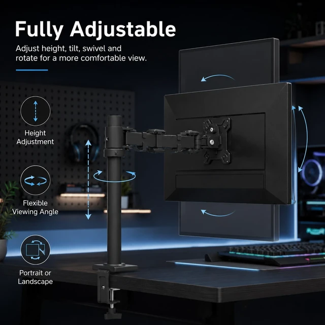 Alt view image 3 of 5 - Pivotix Single Monitor Desk Mount, Adjustable Pole, 17-27 Inch, VESA 75/100