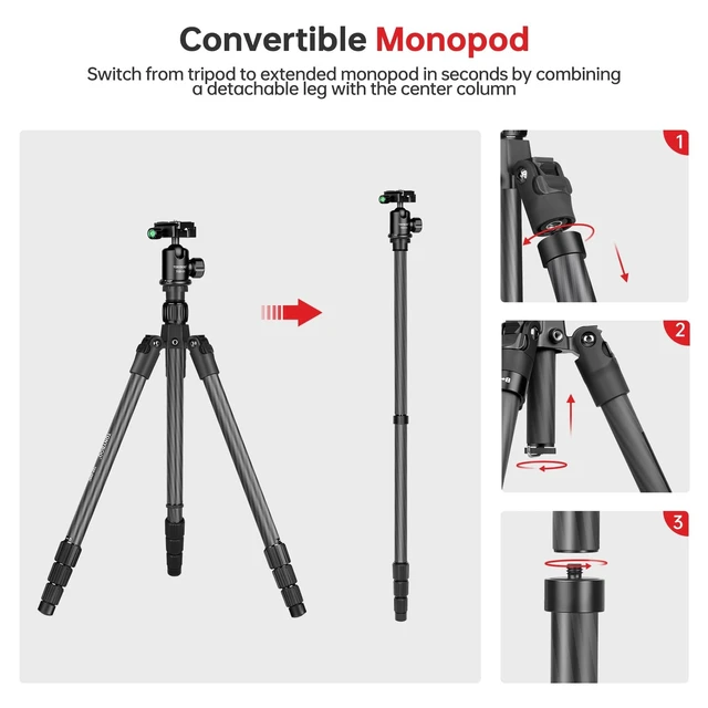 Alt view image 5 of 5 - TONYBOO Carbon Fiber Tripod with 360 Ball Head, 63" Lightweight Travel Camera Tripod, 2-in-1 Compact Monopod Stand for DSLR, Heavy Duty Professional Shooting Tripod for Outdoor Hiking Photography
