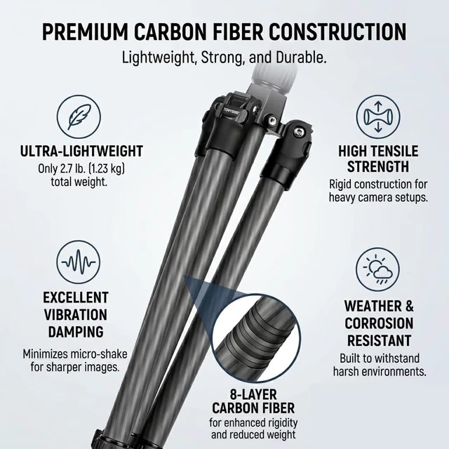 Alt view image 2 of 5 - TONYBOO Carbon Fiber Tripod with 360 Ball Head, 63" Lightweight Travel Camera Tripod, 2-in-1 Compact Monopod Stand for DSLR, Heavy Duty Professional Shooting Tripod for Outdoor Hiking Photography