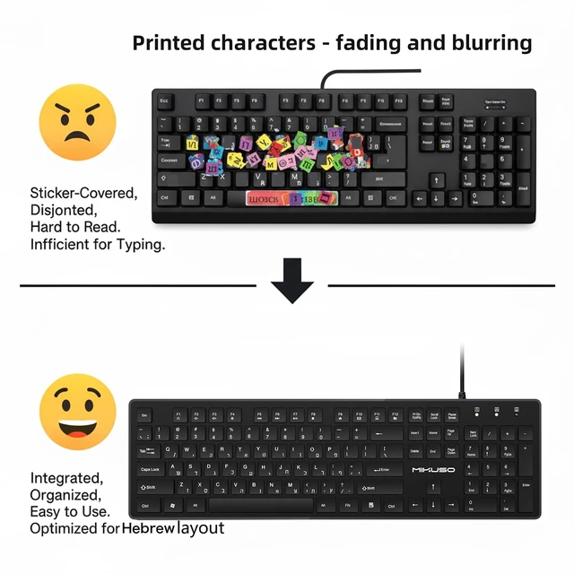 Alt view image 2 of 5 - MIKUSO Hebrew English Keyboard USB Wired - 104 Keys Full-Size Laser Letter