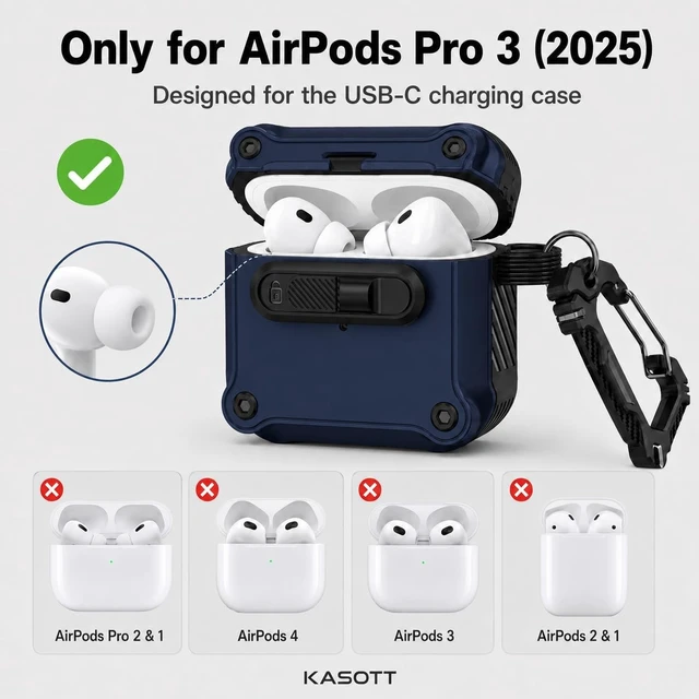 Alt view image 2 of 5 - KASOTT for AirPods Pro 3 Case (2025), MagSafe, Secure Slide Lock, Carabiner