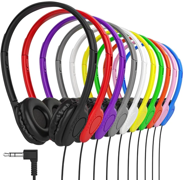 Main image of Maeline Bulk Classroom Student Headphones On Ear Stereo Headphones Adjustable Band & Faux Leather Cushions for Kids Online Learning, Library, School, Travel - 3.5mm Plug - 100 Pack - Multi Colors