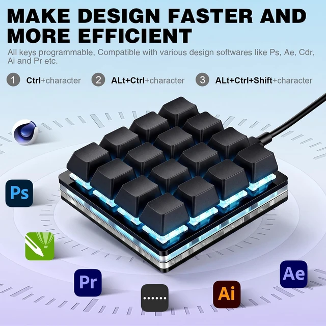 Alt view image 4 of 5 - Mini Black 16key Programmable Shortcut Key Keyboard for Game Office Working