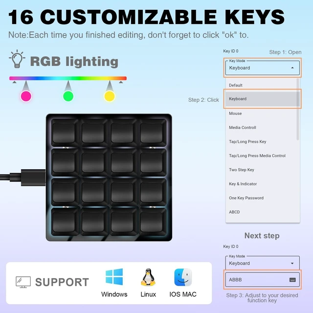 Alt view image 5 of 5 - Mini Black 16key Programmable Shortcut Key Keyboard for Game Office Working