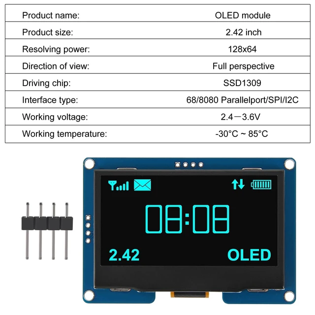 Alt view image 4 of 5 - AITRIP 2PCS 2.4" 2.42 inch 128x64 OLED LCD Display Module SSD1309 12864 4 Pin IIC I2C Serial Interface for Arduino UNO R3 C51-Blue Light