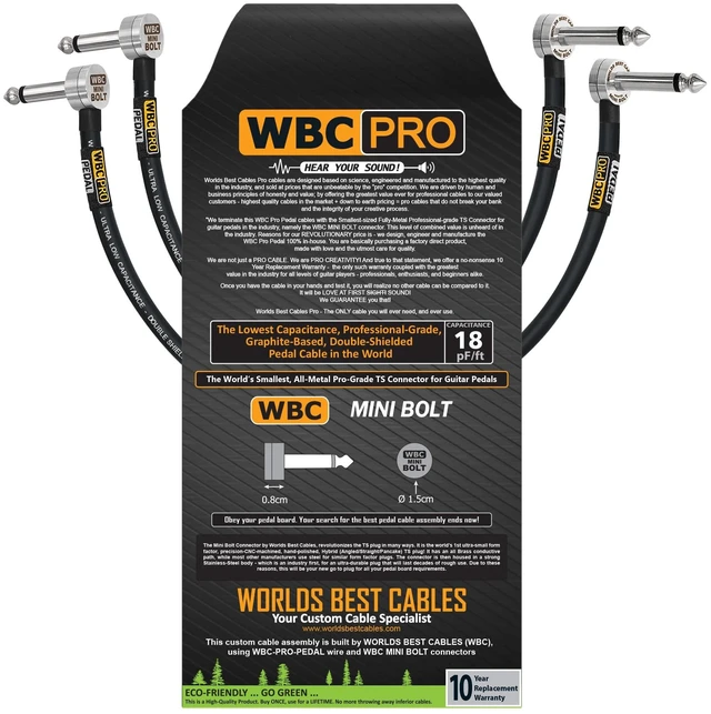 Main image of 2 Units - 18 Inch - WBC-PRO-PEDAL 22 AWG - Low-Cap (18pF/ft) Pro-Grade Graphite-based - Dual-Shielded Pedal, Effects, Patch, instrument cable with WBC MINI BOLT Ultra-Small Angled TS Plugs