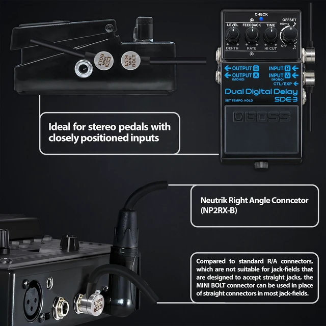 Alt view image 4 of 5 - 2 Units - 18 Inch - WBC-PRO-PEDAL 22 AWG - Low-Cap (18pF/ft) Pro-Grade Graphite-based - Dual-Shielded Pedal, Effects, Patch, instrument cable with WBC MINI BOLT Ultra-Small Angled TS Plugs