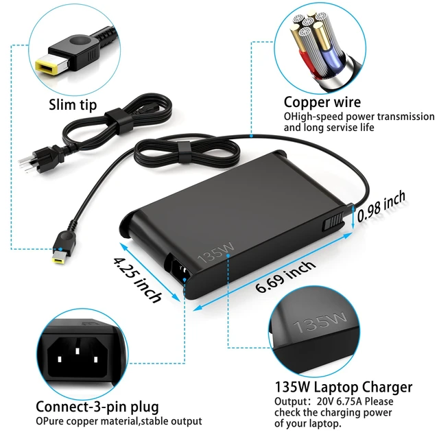 Alt view image 3 of 5 - Newest Slim 20V 6.75A 135W AC Adapter Compatible with Thinkpad X1 P1 P15v T15p ThinkPad T440P T470p T540p Ideapad 3 700 L340 Legion Y50 Y520 Y530 Y7000P ADL135NDC3A ADL135NDC2A 135W Charger