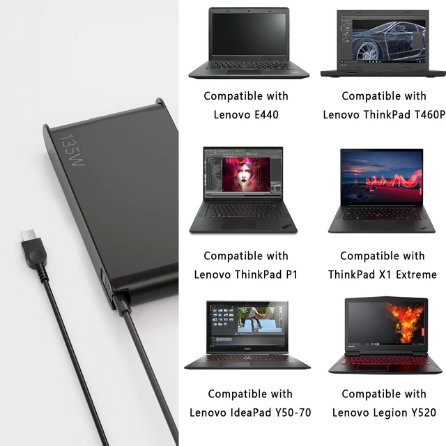Alt view image 5 of 5 - Newest Slim 20V 6.75A 135W AC Adapter Compatible with Thinkpad X1 P1 P15v T15p ThinkPad T440P T470p T540p Ideapad 3 700 L340 Legion Y50 Y520 Y530 Y7000P ADL135NDC3A ADL135NDC2A 135W Charger