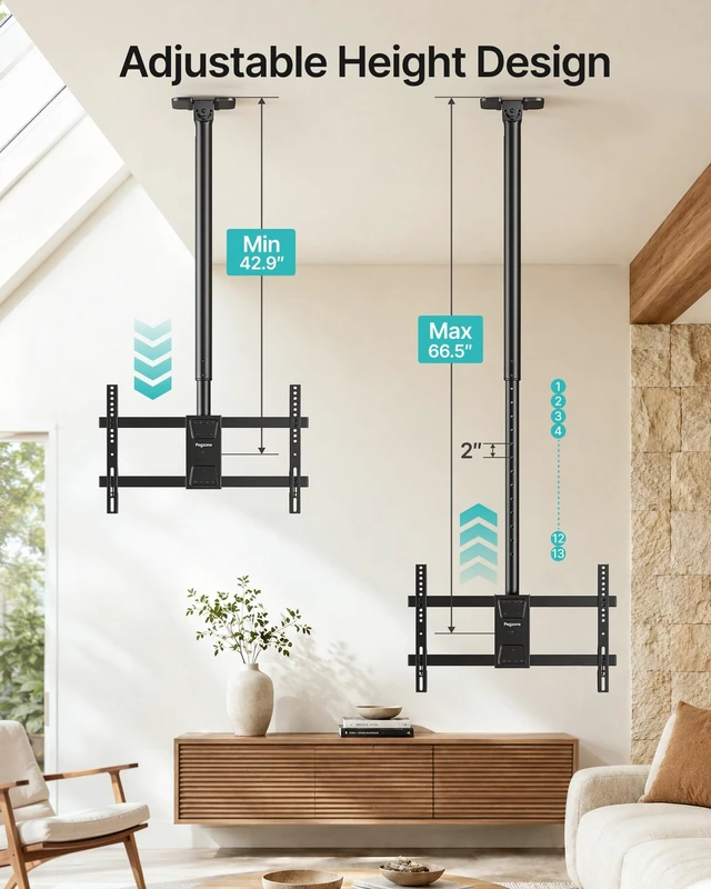 Alt view image 4 of 5 - PEGZONE Ceiling TV Mount for 43-86 Inch TVs, 43"-66.5" Height Adjustable