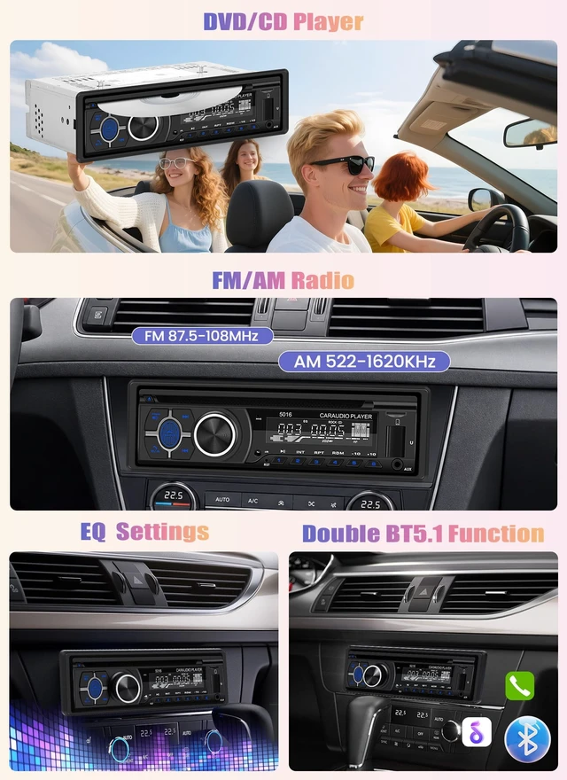 Alt view image 3 of 5 - Camecho Single Din Car Stereo, Bluetooth 5.1 Car Audio Receiver with CD DVD Player, AM/FM Radio, Car Locator, USB/TF/AUX Input, 60W x 4 Output