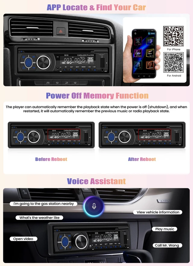 Alt view image 5 of 5 - Camecho Single Din Car Stereo, Bluetooth 5.1 Car Audio Receiver with CD DVD Player, AM/FM Radio, Car Locator, USB/TF/AUX Input, 60W x 4 Output