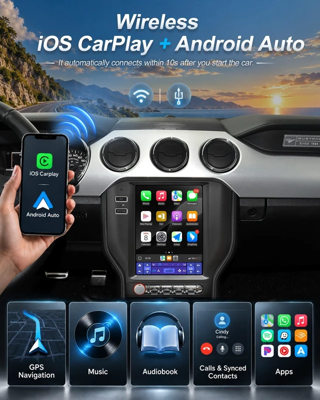 Alt view image 3 of 5 - 10.4" Car Radio Upgrade for Ford Mustang 2015-2023,Wireless CarPlay Android Auto,Android 13 Head Unit with WiFi SWC GPS 1080P Backup Camera 4+64GB